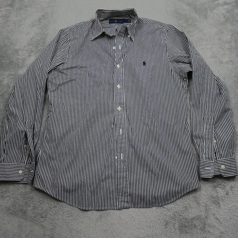 Ralph Lauren Shirt Mens Medium Black Striped Classic Fit Cotton Long Sleeve